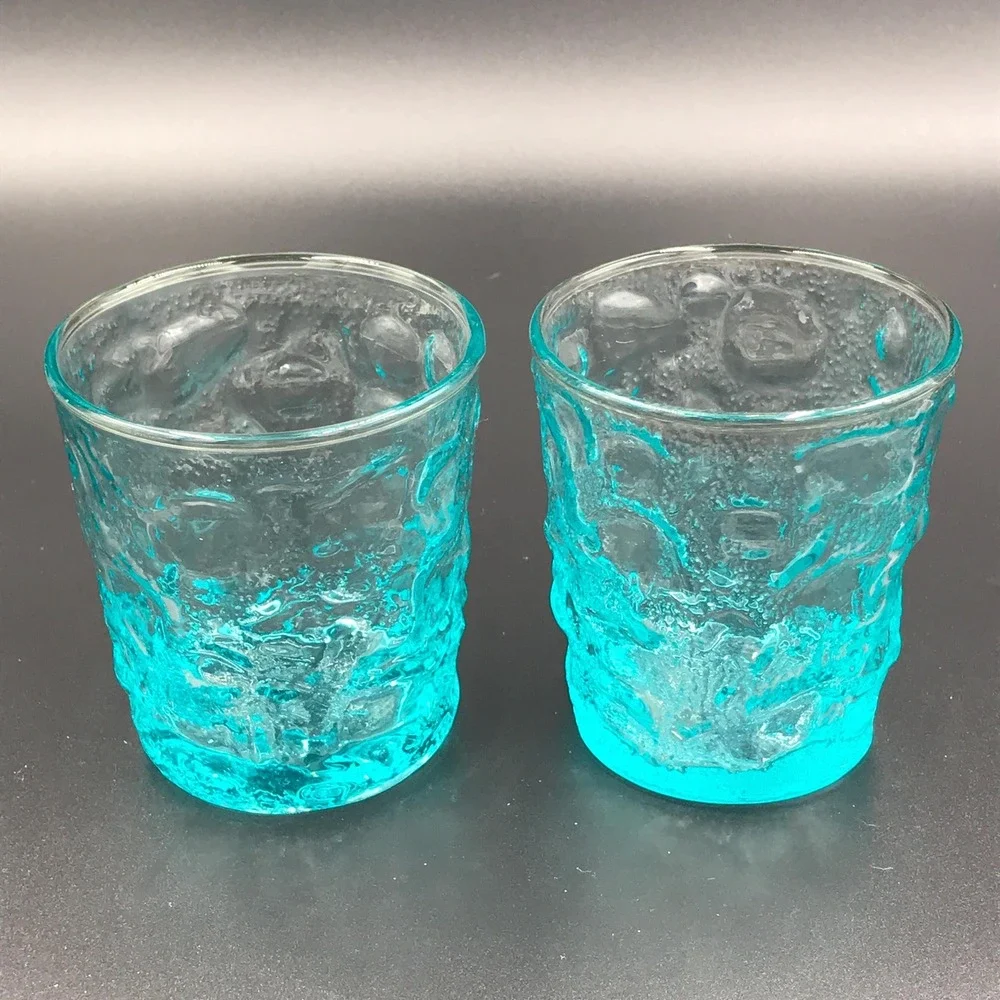 Pair of Anchor Hocking Milano Aqua Blue Glass Flat‎ Tumblers Bark Texture 8 oz